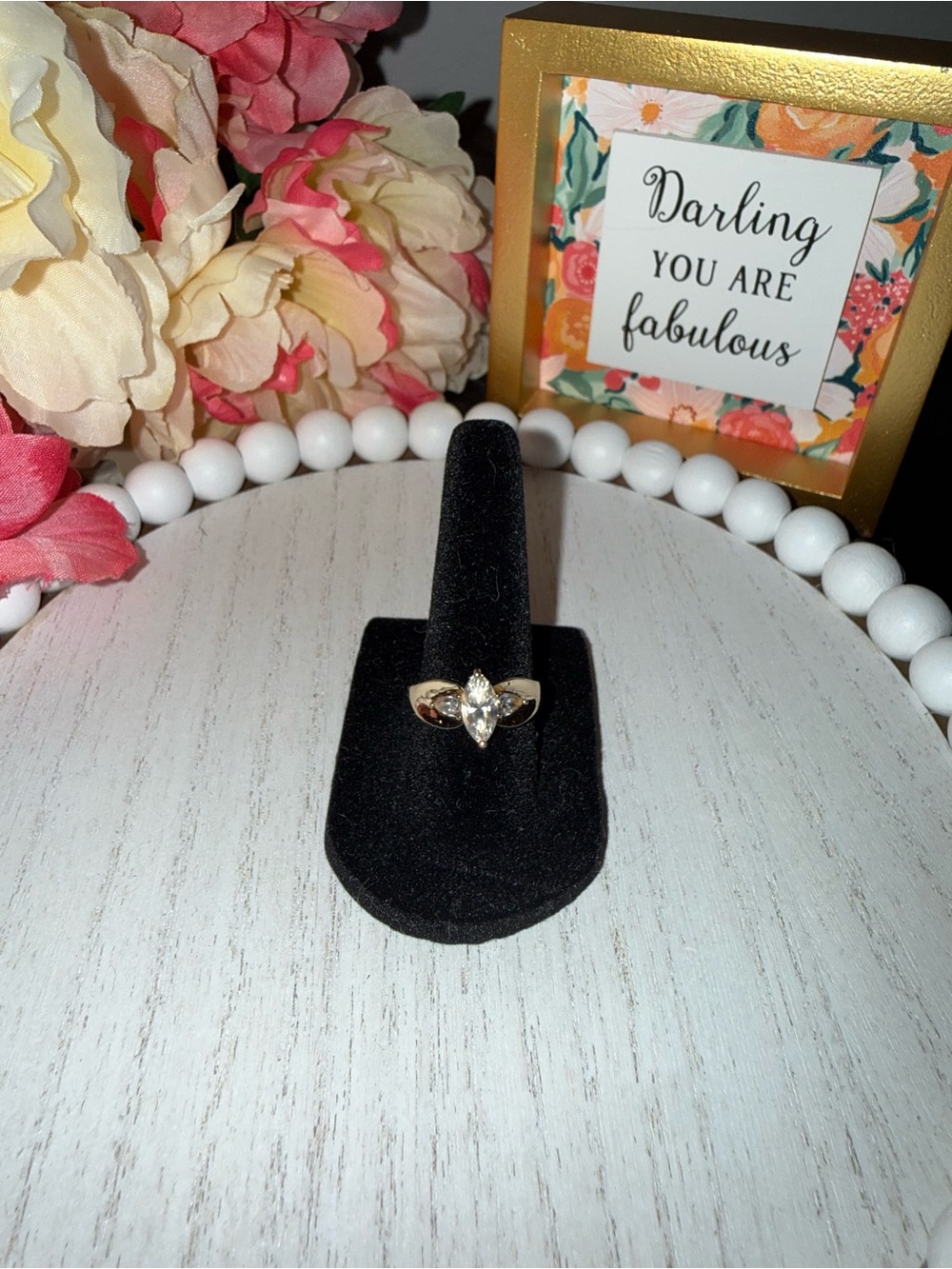 14K Gold Marquise Cut CZ Statement Ring Size 7 Vintage Three Stone Ring